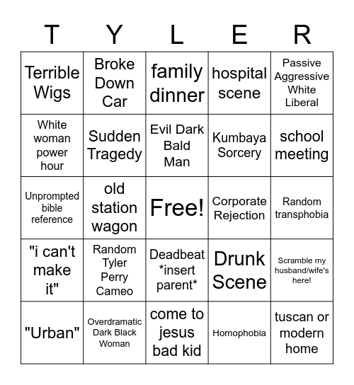 Average Tyler Perry Movie Bingo Card