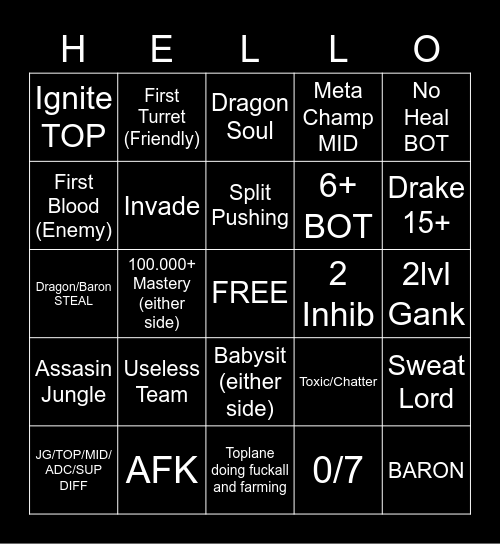 League Bingo Card