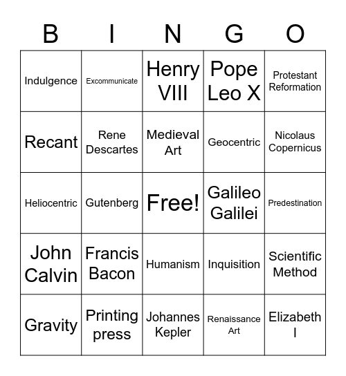 Renaissance, Reformation, & Scientific Revolution Bingo Card