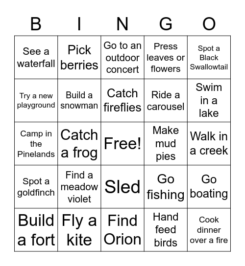 Outdoor Adventure Bingo Card