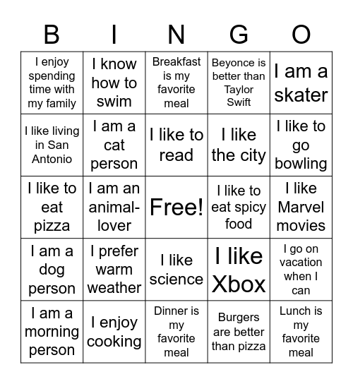 AGREE/DISAGREE BINGO Card