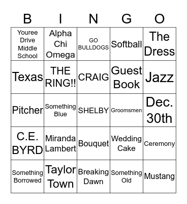 Shelby's Bridal Shower Bingo Card