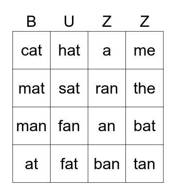 Short a CVC Bingo Card