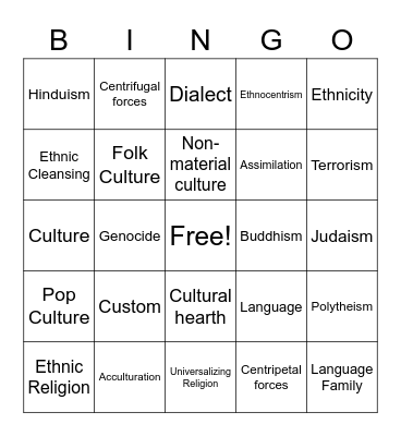 Unit 4 Culture Bingo Card