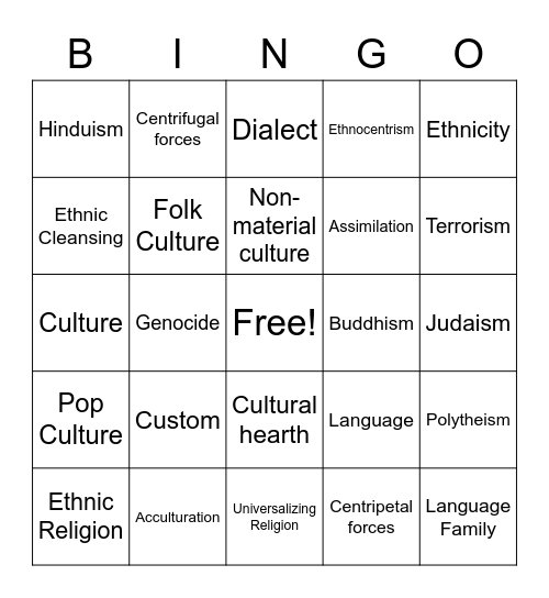 Unit 4 Culture Bingo Card