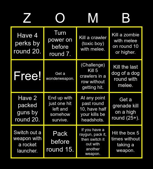 Zombies Bingo Card