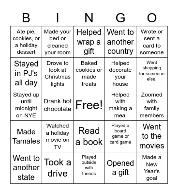 Winter Break Bingo Card