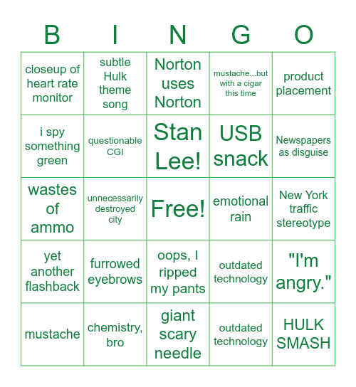 Bad Movie Bingo: The Hulk Bingo Card