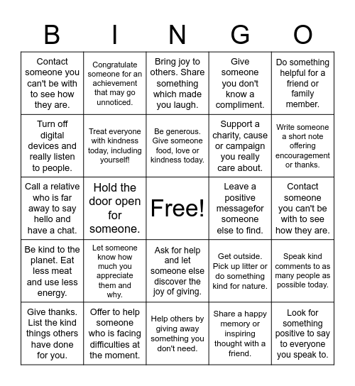 Kindness Challenge Bingo! Bingo Card