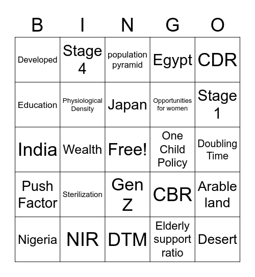 Unit 4 Population Bingo Card