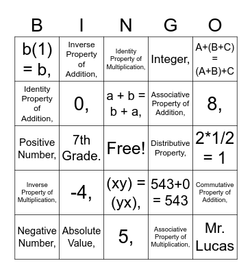 Math Properties Bingo Card