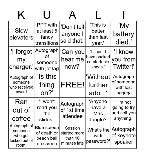 Kuali Conference Bingo Hunt Bingo Card