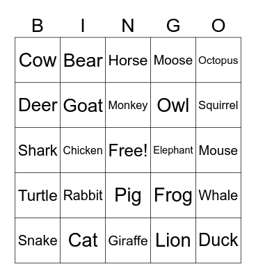 Animal Bingo Card