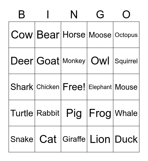 Animal Bingo Card