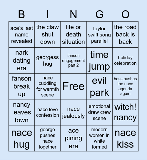 Nancy Drew Season 3b Bingo Card