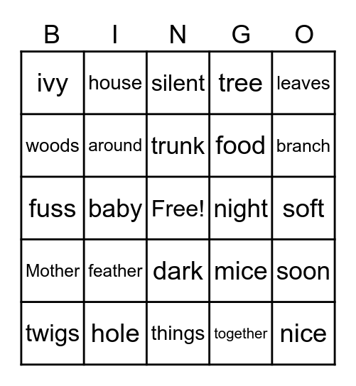 Owl Babies Nouns Bingo Card