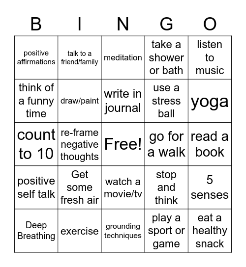 Coping Skills Bingo Card