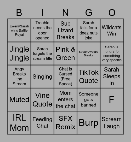 SarahJK Stream Bingo Card