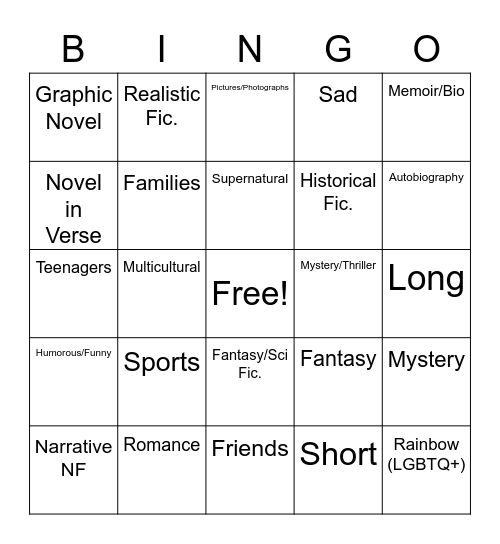 Book (B) Bingo (FIC=Fiction) Bingo Card