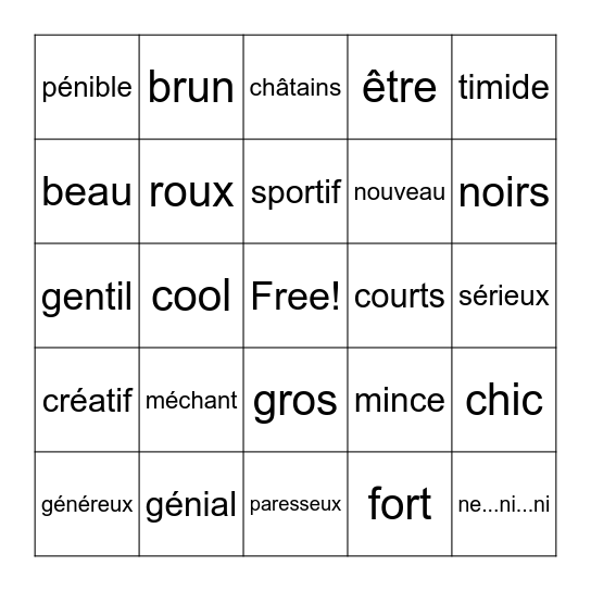 Bien Dit 1 Chapitre 3 Vocabulary/Grammar 1 Bingo Card