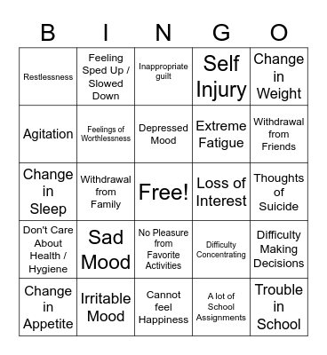 Teen Depression Symptoms Bingo Card