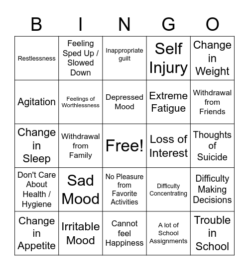 Teen Depression Symptoms Bingo Card