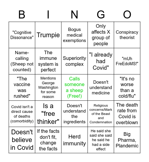 Antivax Nutjob Bingo Card