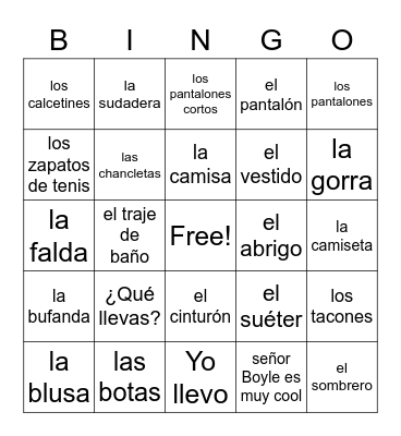 la ropa 1 Bingo Card