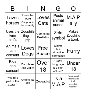 Twitter Zoophile Bingo Card Bingo Card