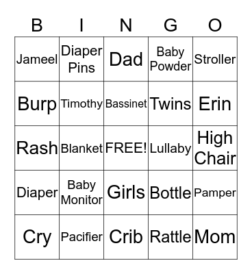 Sinkfield Baby Shower Bingo Card