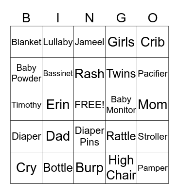 Sinkfield Baby Shower Bingo Card