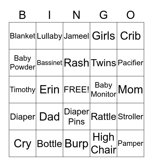 Sinkfield Baby Shower Bingo Card