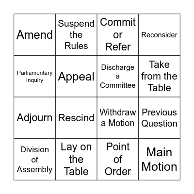 Types of Motions Bingo Card