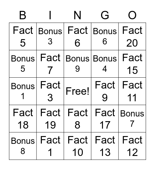Random Fact Bingo Card