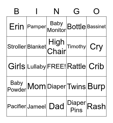 Sinkfield Baby Shower Bingo Card