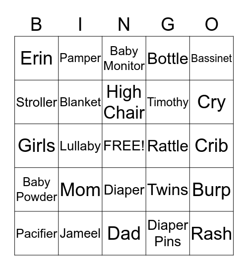 Sinkfield Baby Shower Bingo Card