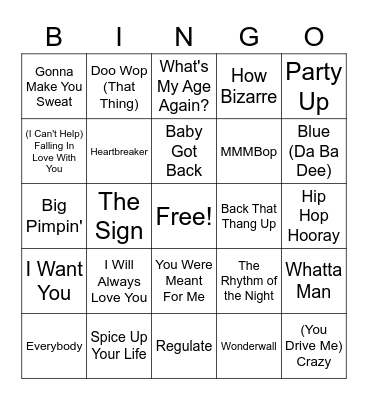 90's Music Bingo Card