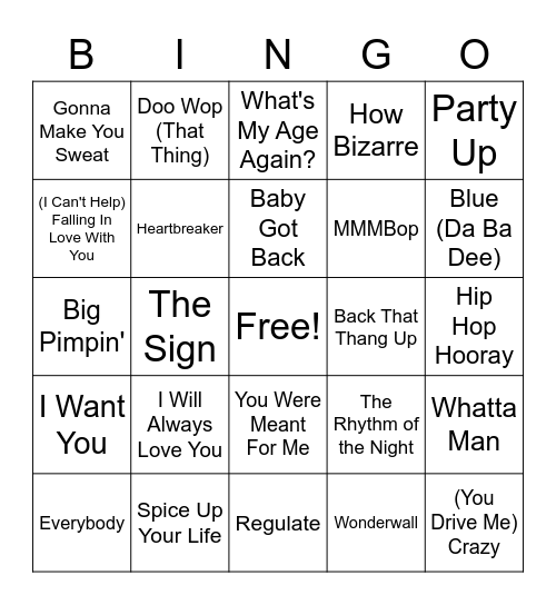 90's Music Bingo Card