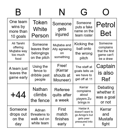 Friday Football Bingo Card