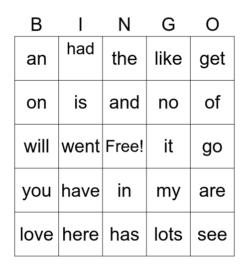 1/10-1/14 Sight Word Bingo Card