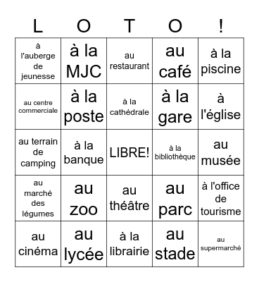 Dans Ma Ville Activities Bingo Card