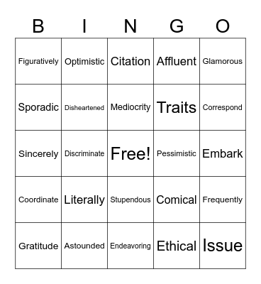 Vocabulary Bingo Card