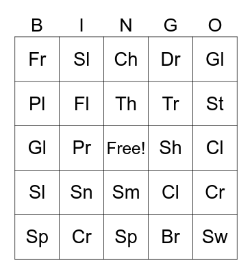 Consonant blends Bingo Card