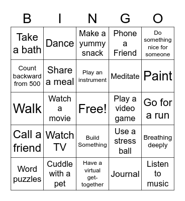 Coping Skills Bingo Card