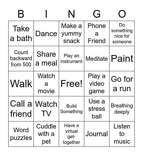 Coping Skills Bingo Card