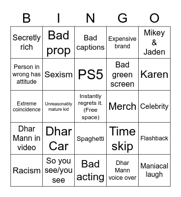 Lukas’ Dhar Mann Bingo Card