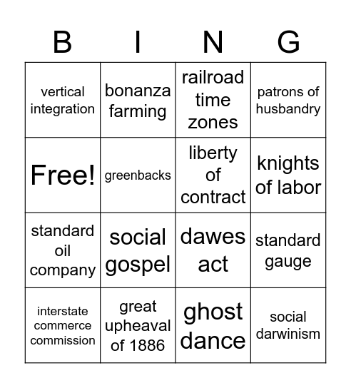 APUSH Chapter 16 Bingo Card