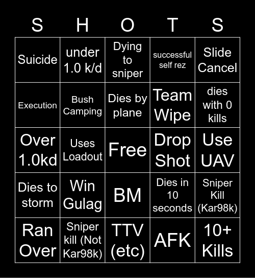 Big Puffer Warzone Bingo Card