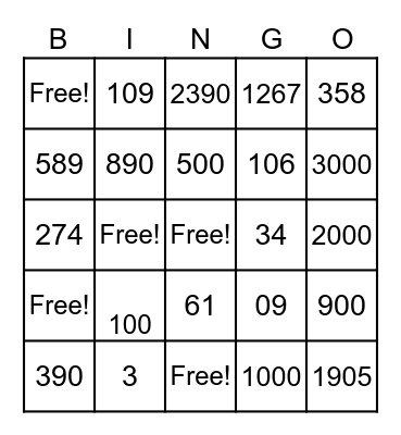 Number Bingo Card