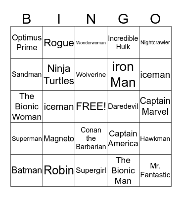 Superhero Bingo Card